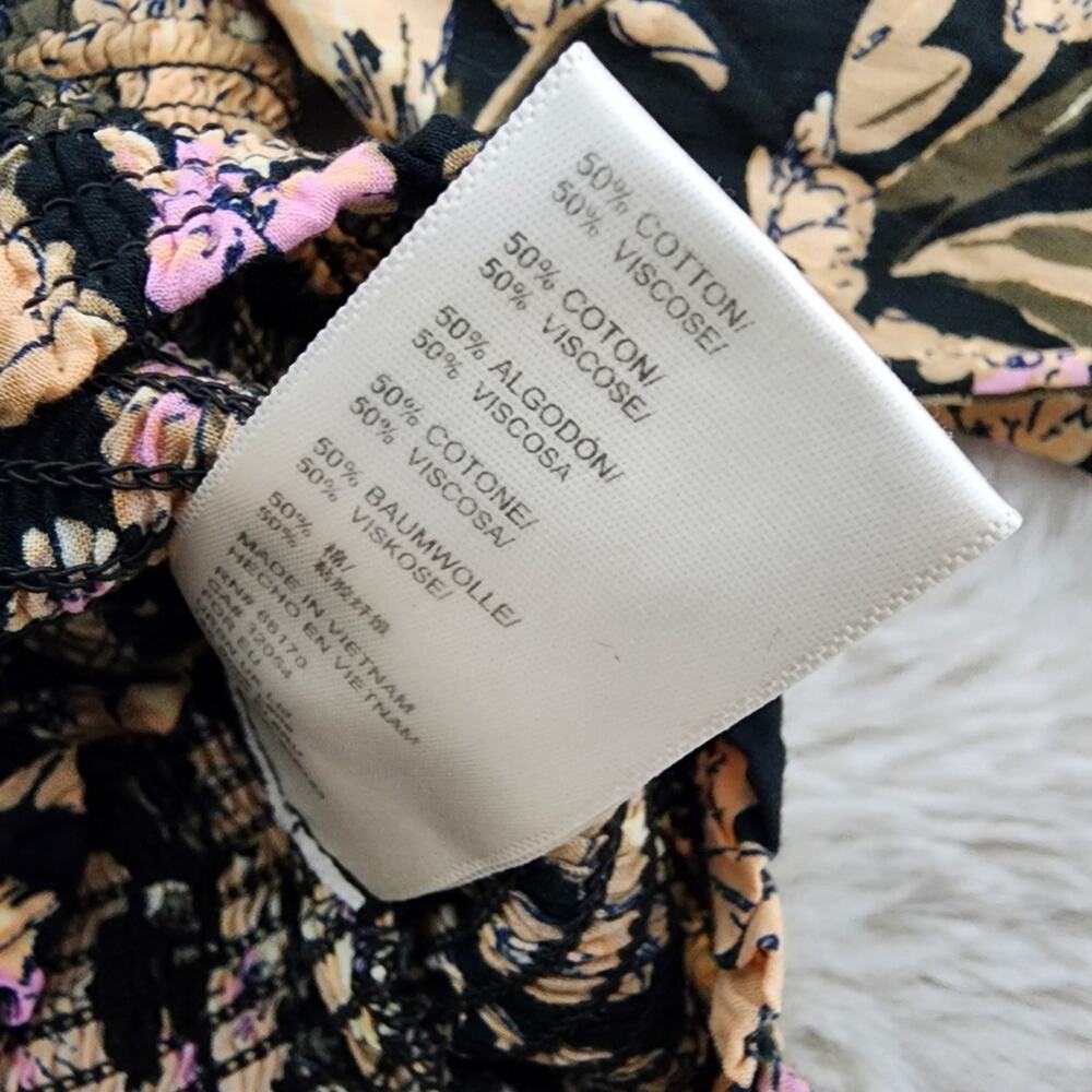 Free People East To West Smocked Off Shoulder Top Black Gold Floral Blouse M FP - Picture 10 of 14